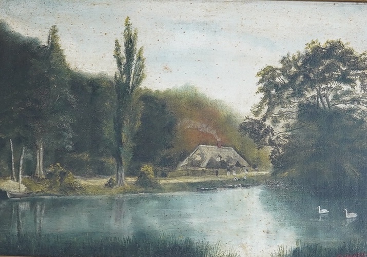 A Hawkes, oil on board, Riverscape with thatched cottage, signed, 21 x 30cm, ornate gilt framed. Condition - poor